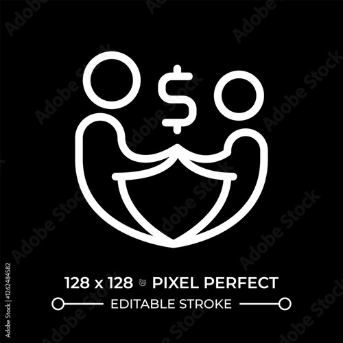 Financial family support pixel perfect white linear icon for dark theme. Economic stability, sustainability. Money budget, fund. Thin line illustration. Isolated symbol for night mode. Editable stroke