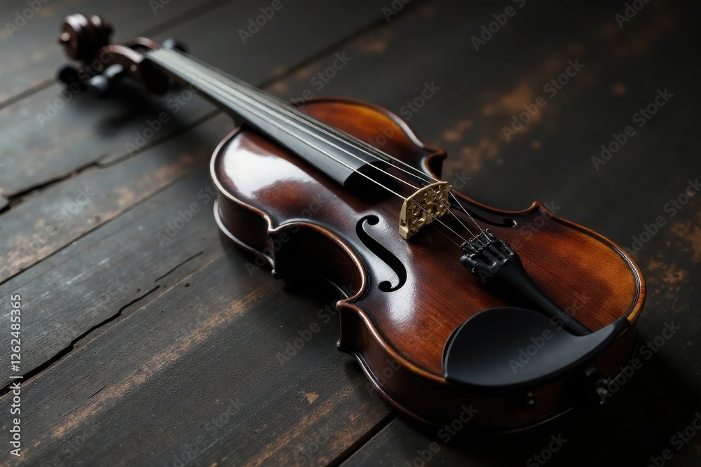 Fototapeta premium Elegant black violin on dark wood, intricate detail, sophisticated, classical, violin