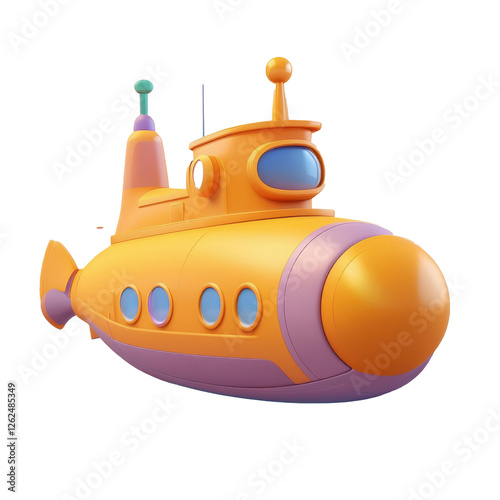 Submarine Underwater with Periscope 3D Cartoon Style Illustration on White Background 