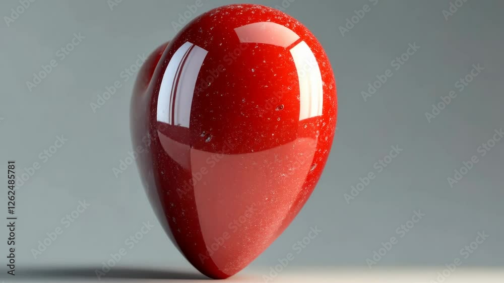 Shiny red teardrop shape sitting on a light surface with soft shadows in a minimalist setting Shiny red teardrop shape sitting on a light surface with soft shadows in a minimalist setting