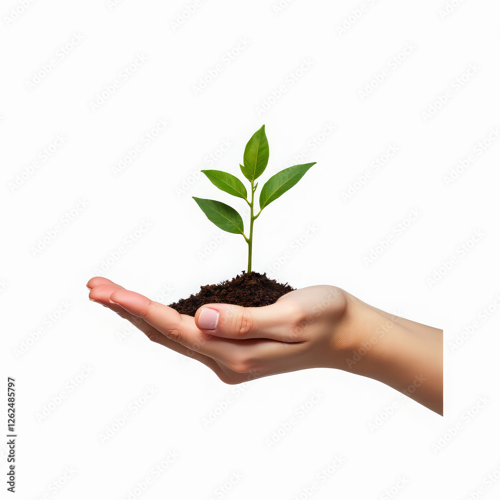 Hand Holding a Small Sprout with Soil on White Background Hand Holding a Small Sprout with Soil on White Background