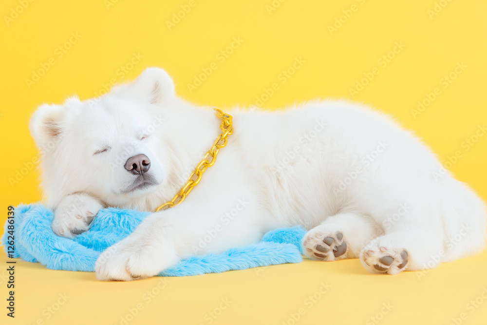 Fototapeta premium Fluffy white teddy bear sleeping in a cozy position, hugging a small blue blanket, ultra-detailed plush texture, soft fur detail, isolated on pastel yellow background
