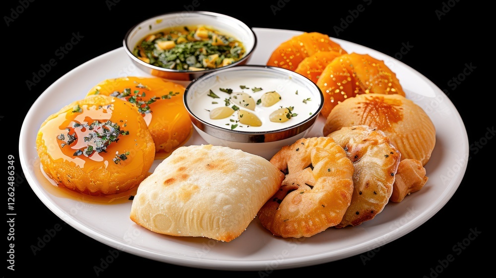 Assorted Indian Sweets and Snacks on White Plate with Black Background, Including Jalebi, Samosa, and Lassi with Fresh Garnishes Assorted Indian Sweets and Snacks on White Plate with Black Background, Including Jalebi, Samosa, and Lassi with Fresh Garnishes