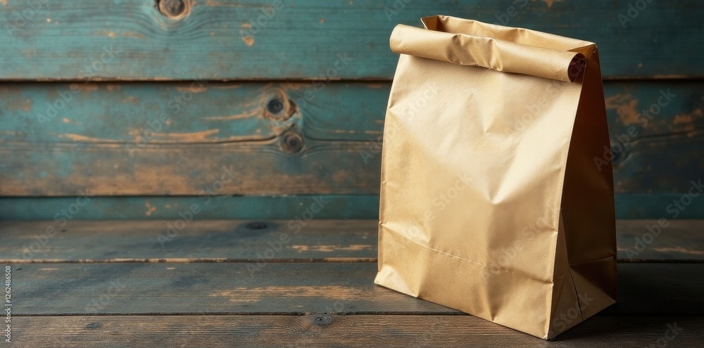 Fototapeta premium Empty recyclable paper bag on worn wooden surface, vintage, recyclable, rustic
