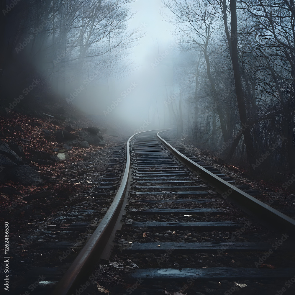 Obraz premium An abandoned train track disappearing into the fog, creating a haunting atmosphere.