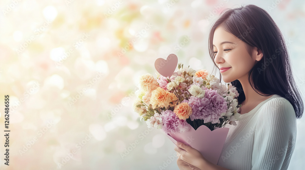 Smiling Woman Holding a Bouquet of Flowers with a Heart Decoration Smiling Woman Holding a Bouquet of Flowers with a Heart Decoration