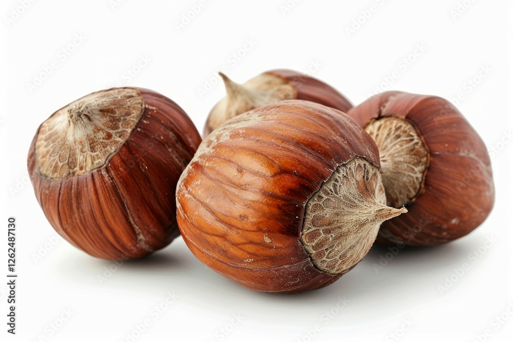 Close-up of hazelnuts on solid white background. Artificial intelligence image Close-up of hazelnuts on solid white background. Artificial intelligence image