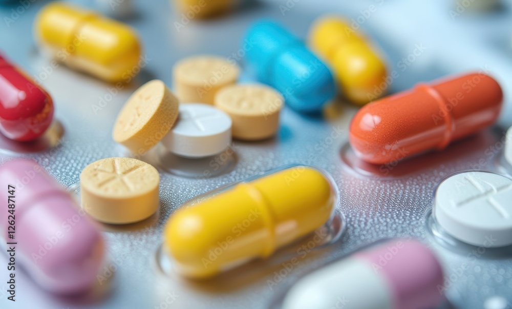 Colorful capsules and tablets on a foil pack Colorful capsules and tablets on a foil pack