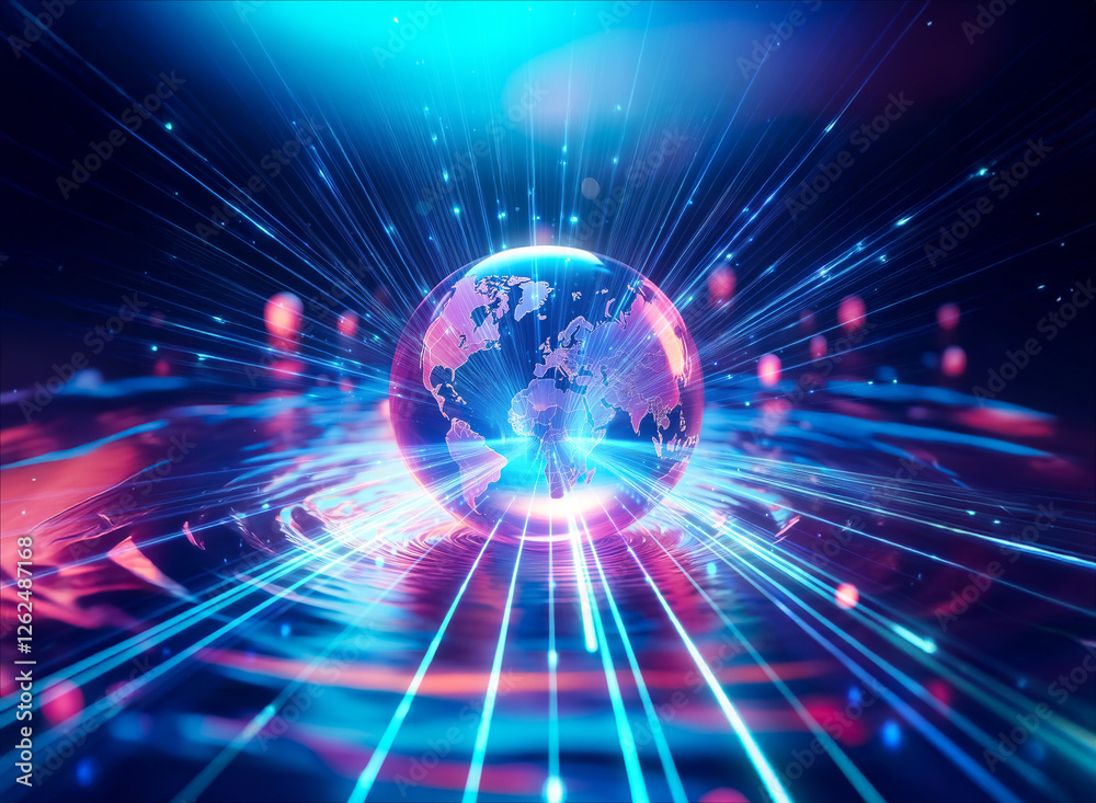 Obraz premium Glowing globe with continents is encircled by radiant blue and red streaks of light. A vibrant and abstract representation of digital connectivity.