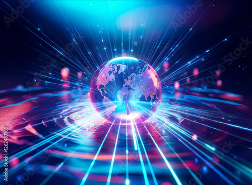 Wallpaper Mural Glowing globe with continents is encircled by radiant blue and red streaks of light.  A vibrant and abstract representation of digital connectivity. Torontodigital.ca