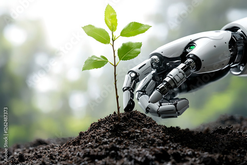 Hand of robot planting green sprout plant in ground. Robotic hand grow sapling in fertile soil in garden. Seedlings as an interaction of ecology and technology, beginning of new in future photo