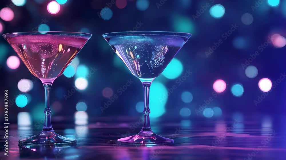 Colorful martini glasses with pink and blue cocktails on dark background with bokeh lights. Nightclub party drinks setup. Modern trendy bar concept