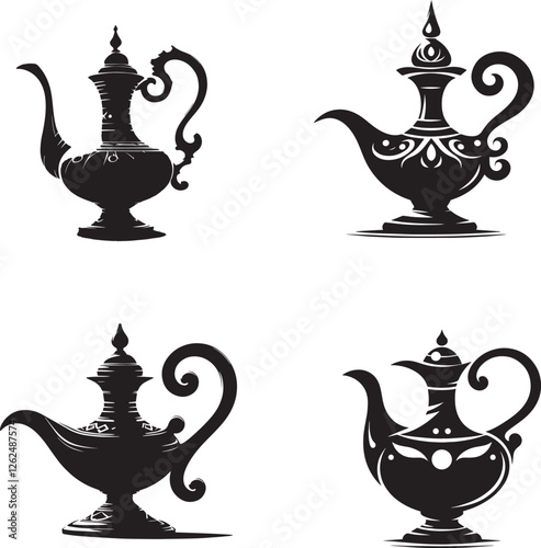 Alladin's charagh in black and white silhouette assets in vector farm 