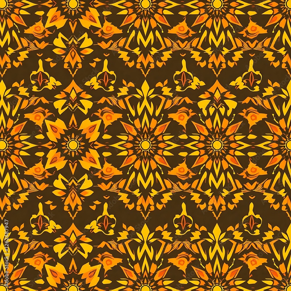 Geometric Starburst Pattern: An abstract seamless pattern with repeating geometric starburst designs in a rich, earthy palette of yellow and brown. Geometric Starburst Pattern: An abstract seamless pattern with repeating geometric starburst designs in a rich, earthy palette of yellow and brown.