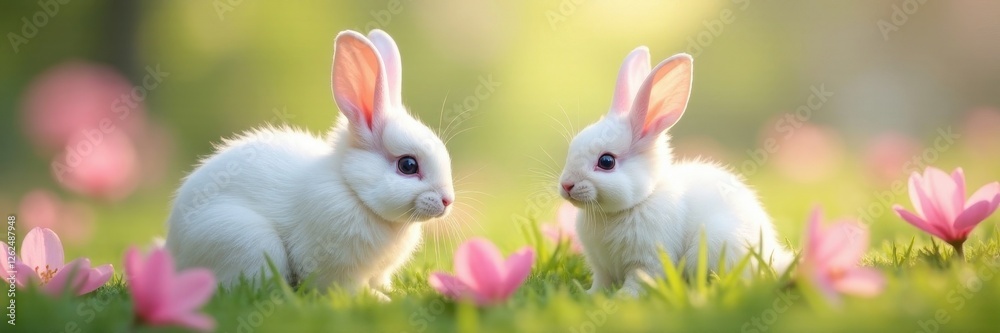 Fluffy white bunny, pastel spring flowers, soft focus, blossom, spring, wildlife Fluffy white bunny, pastel spring flowers, soft focus, blossom, spring, wildlife