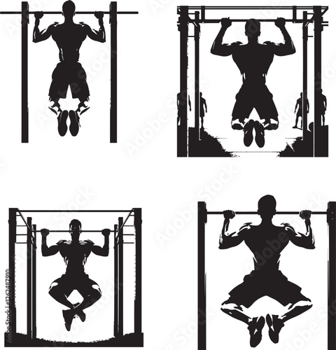 Boy taking pullups at gym in black and white silhouette assets in vector farm 
