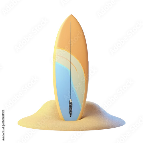 Surfboard on Sandy Beach 3D Cartoon Style Illustration on White Background 