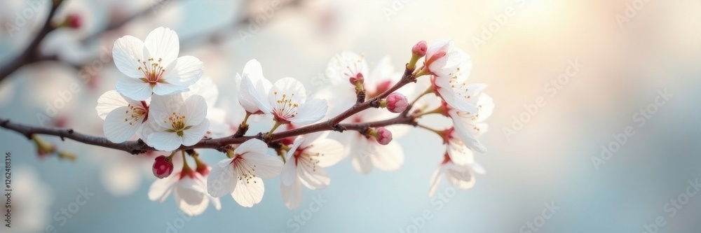 Fragile white cherry branches, soft light illuminates pristine white setting , botanical, soft Fragile white cherry branches, soft light illuminates pristine white setting , botanical, soft