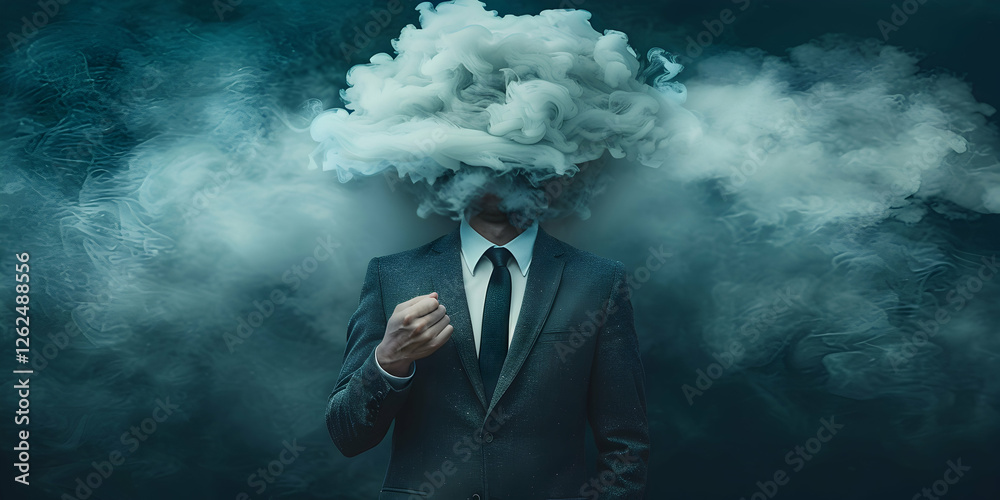 Businessman Experiencing Burnout With Cloud Overhead Representing Mental Stress and Overwhelming Thoughts in a Dark and Abstract Environment
