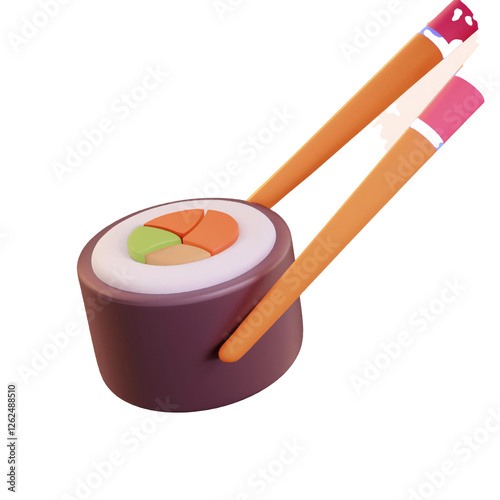 Sushi Roll with Chopsticks 3D Cartoon Style Illustration on White Background 