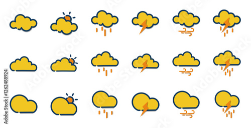 Set of color fill icon weather, sunny, cloudy, lightning, rain, wind, thunderstorms vector illustration.