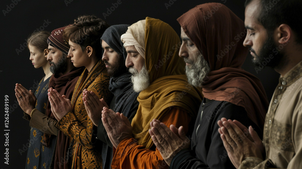 Diversity, spirituality, and shared humanity concept. People of different nationalities and faiths praying together simultaneously. Unity, peace, and global harmony. Diversity, spirituality, and shared humanity concept. People of different nationalities and faiths praying together simultaneously. Unity, peace, and global harmony.