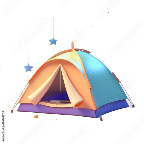 Tent Under Starry Sky 3D Cartoon Style Illustration on White Background 