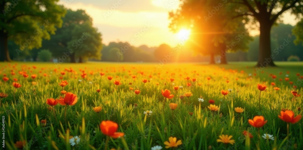 Fototapeta premium Golden hour blooms, lush green grass, vast empty area, image, vibrant