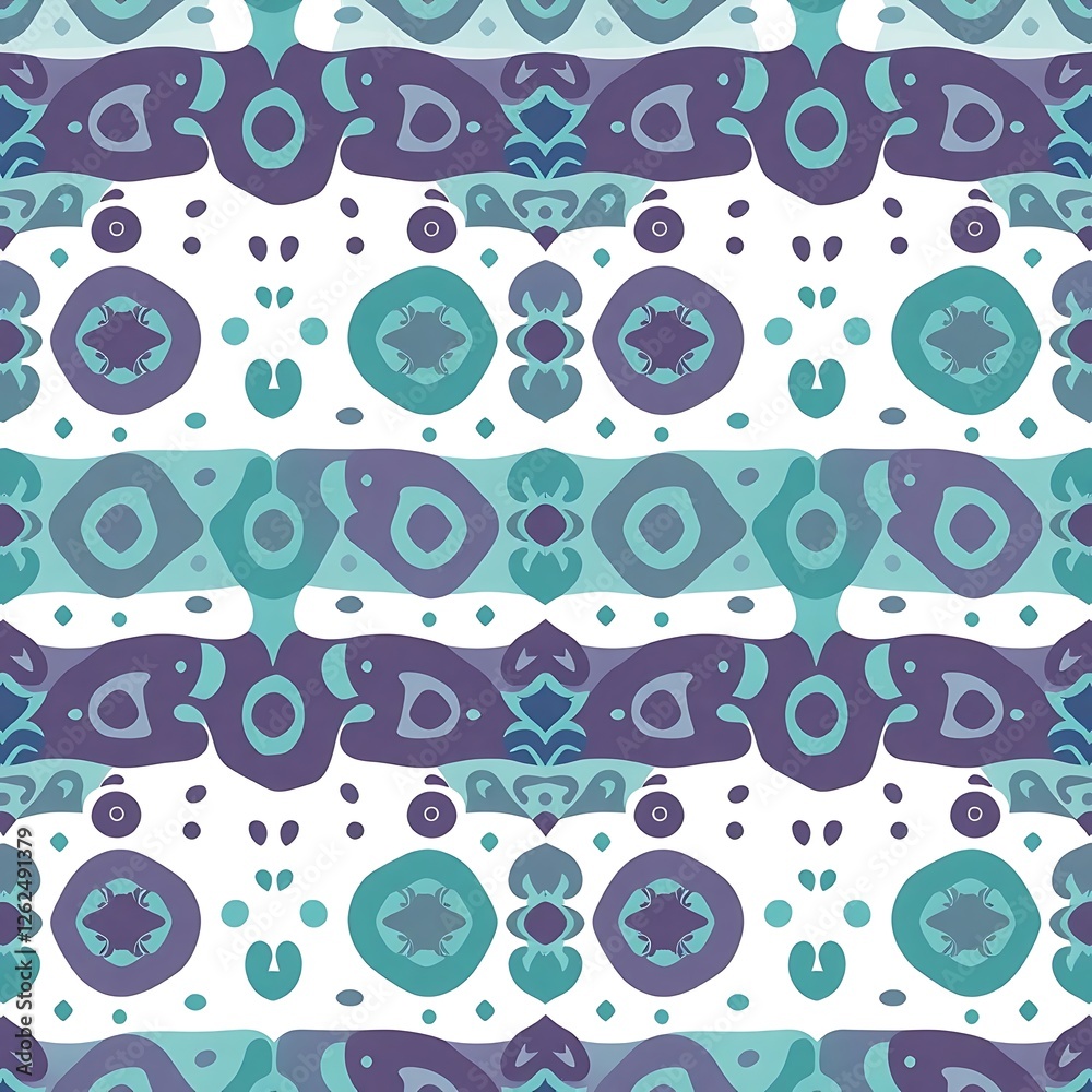 Fototapeta premium Seamless Teal and Purple Tribal Pattern: A vibrant and captivating seamless pattern featuring a bold geometric design in shades of teal and purple. The intricate details create a rich visual texture.
