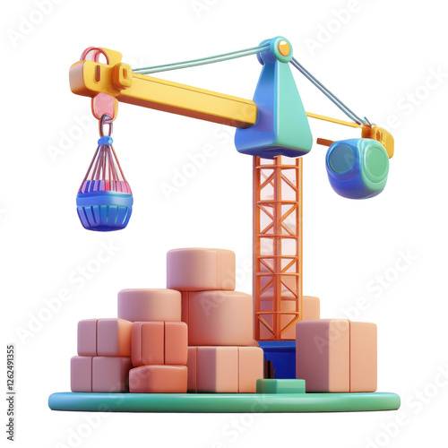 Tower Crane Lifting Materials 3D Cartoon Style Illustration on White Background 