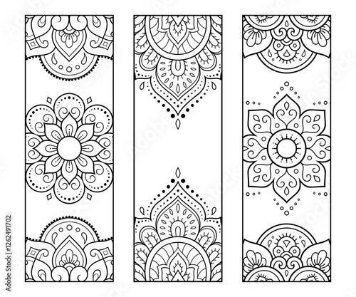 Printable bookmark for book - coloring. Set of black and white labels with flower patterns, hand draw in mehndi style. Sketch of ornaments for creativity of children and adults with colored pencils.