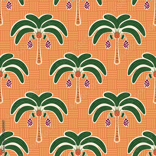 Tropical palm trees on the orange polka dot background. Hand drawn geometric summer vacation seamless pattern. Vector jungle textile design, background, print, wallpaper. Cute cut out style of plants.