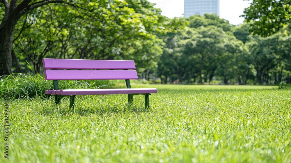 Fototapeta premium Purple park bench, tranquil grass, city backdrop, relaxation