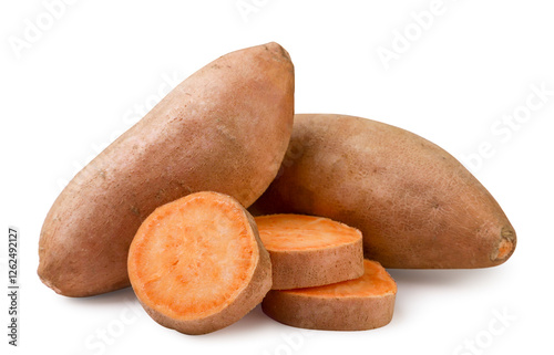 Sweet potato and pieces on a white background. Isolated,
