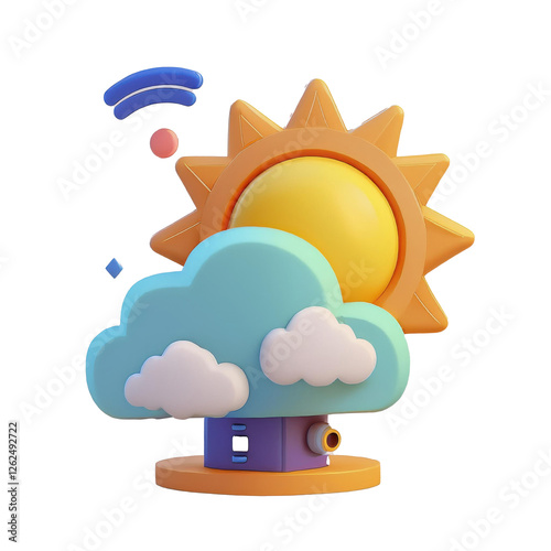 Weather Station with Cloud and Sun 3D Cartoon Style Illustration on White Background 