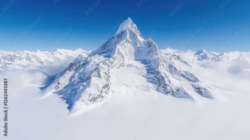 Snowy Alpine Mountain Peak, Aerial View, Sunny Day, Scenic Landscape Snowy Alpine Mountain Peak, Aerial View, Sunny Day, Scenic Landscape
