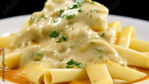 Delicious creamy pasta topped with melted cheese and herbs, perfect for gourmet dishes.