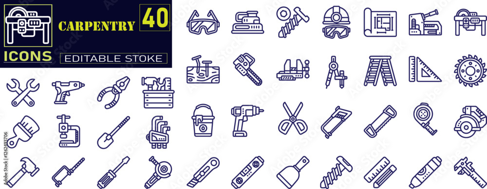 Set of outline icons related to carpentry. Painting, photography, calligraphy, origami, jewelry making, woodworking, knitting, scrapbooking and so on. Set of outline icons related to carpentry. Painting, photography, calligraphy, origami, jewelry making, woodworking, knitting, scrapbooking and so on.