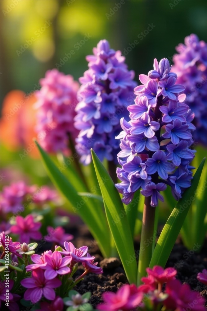 Obraz premium Hyacinths in a sunny garden bed, vibrant colors , white, floral design