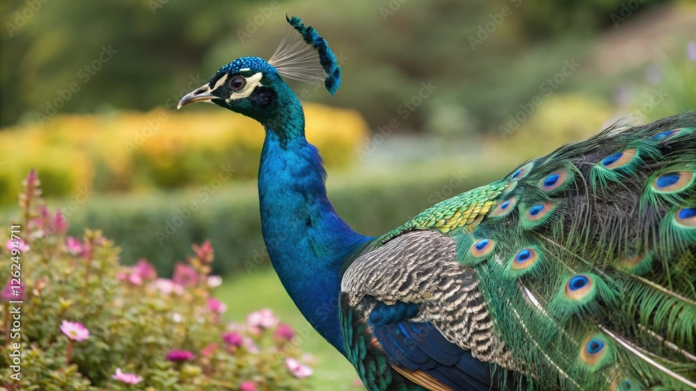 Majestic peacock displaying its vibrant plumage in a garden setting. Its iridescent feathers shimmer, creating a spectacle of color and beauty. Majestic peacock displaying its vibrant plumage in a garden setting. Its iridescent feathers shimmer, creating a spectacle of color and beauty.