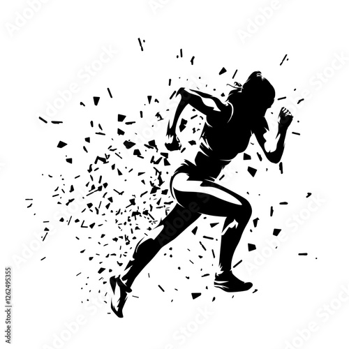 Run, athletics, running woman with distortion effect, female sprinter clipart, isolated vector silhouette, side view