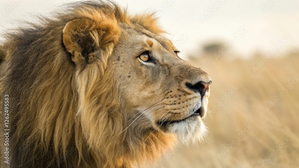 a majestic lion with a flowing mane stands proudly against a backdrop of golden grassland. The lion's gaze is fixed on the horizon, exuding strength and regal presence.  