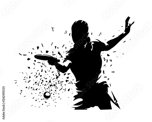 Table tennis player, isolated vector silhouette with distortion effect. Woman playing ping pong. Sports clipart