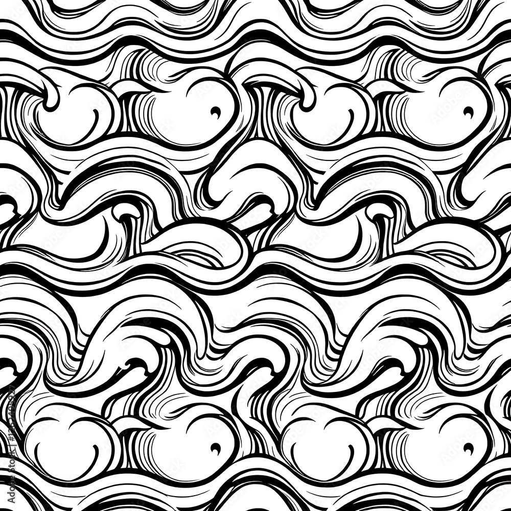 Obraz premium Ocean Wave Pattern: Abstract black and white illustration of stylized ocean waves, creating a seamless pattern ideal for textile design, wallpaper, or web backgrounds.