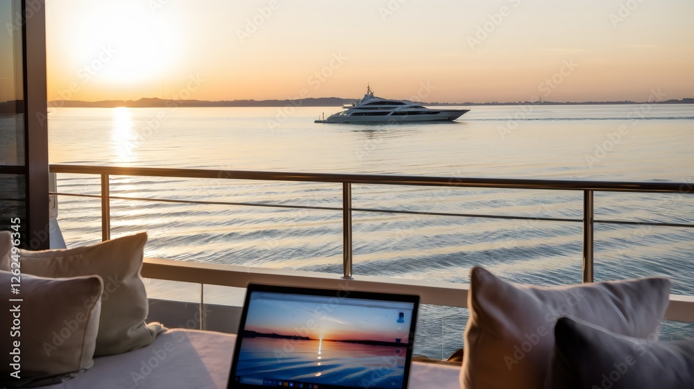 Fototapeta premium Serene Yacht and Laptop Scene: A tranquil scene from a luxurious balcony featuring a yacht cruising on calm waters with laptop, pillows, and a captivating sunset.