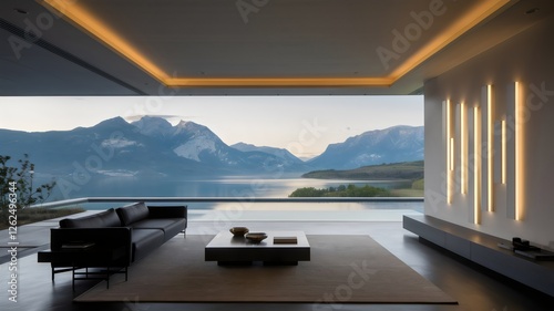 Wallpaper Mural Modern Living: A stylish living room opens to a breathtaking vista of a tranquil lake and majestic mountains. The contemporary interior is awash with natural light. Torontodigital.ca