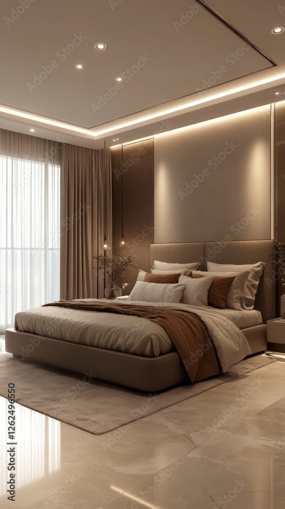 Fototapeta premium A stylish bedroom showcases a minimalist design with soft textures and neutral colors. Natural light streams through large windows, illuminating the cozy atmosphere and elegant furnishings.