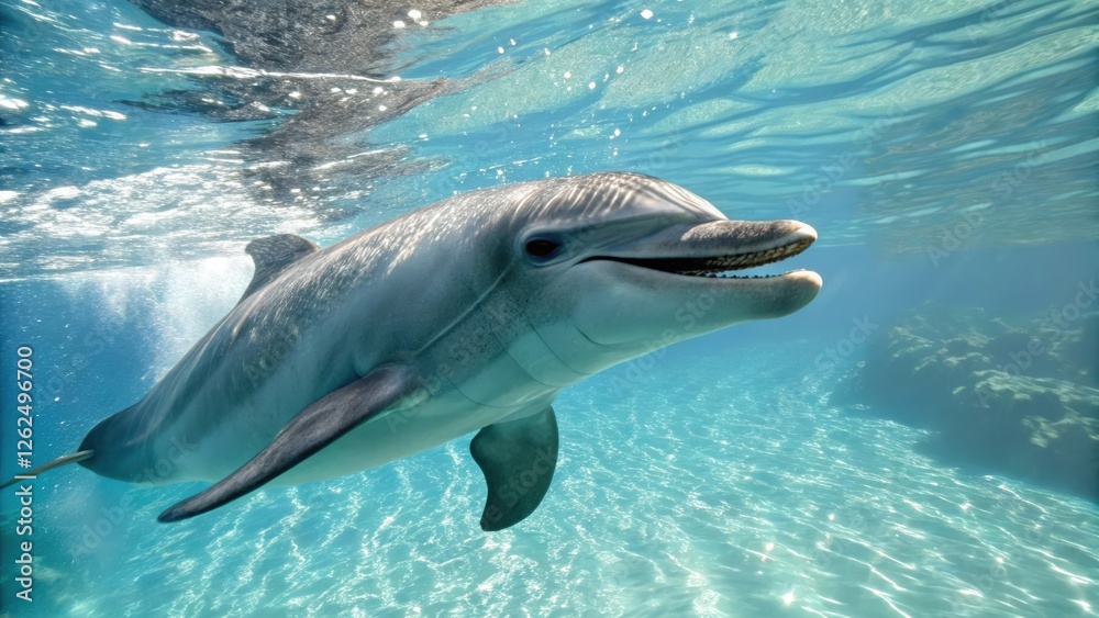 Obraz premium a friendly dolphin swimming in crystal clear water. The dolphin is smiling and appears to be enjoying the water. Its sleek gray body is contrasting beautifully with the blue water. 