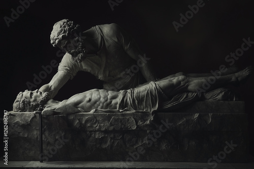 Robber Procrustes lured travelers and put them on his bed. When people were shorter than the bed, Procrustes lengthened them, and when they were longer, he cut off their legs. Marble statuue. photo