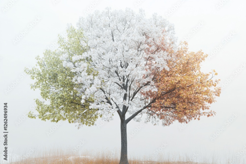 Tree depicting four seasons: green, white, orange leaves in fog. Tree depicting four seasons: green, white, orange leaves in fog.